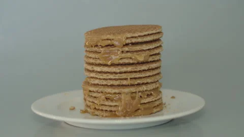 Dolly in of stack of stroopwafels, a typical dutch cookie Stock Footage 142795642