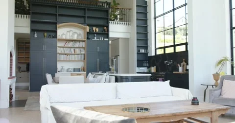 Dolly is starting, pulling back and panning to reveal sofa and coffee table in Stock Footage 341320422