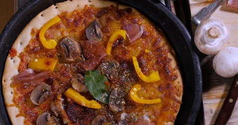 Dolly top down close up view of delicious Italian pizzas Stock Footage 73736712