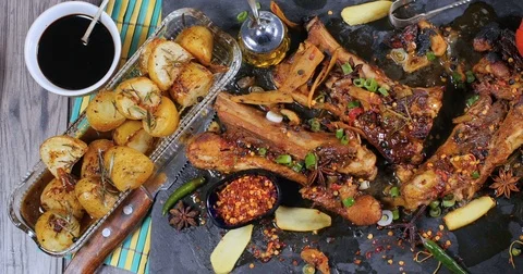 Dolly top down view of delicious braised sticky king pork ribs Stock Footage 75282029