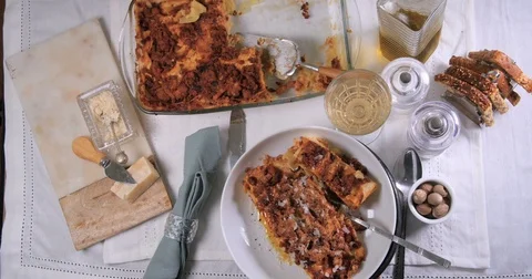 Dolly top down zoom in view of delicious lasagne in bolognese sauce (pasta) Stock Footage 75777042