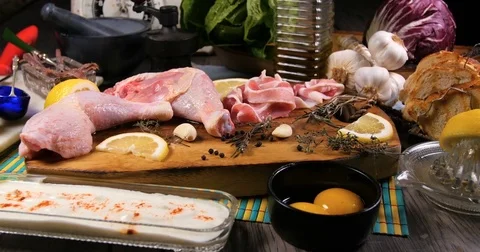 Dolly view of ingredients for Caesar's salad Stock Footage 74570914