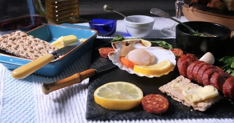Dolly view of ingredients for scallops with chorizo in garlic mayonnaise Stock Footage 72951101