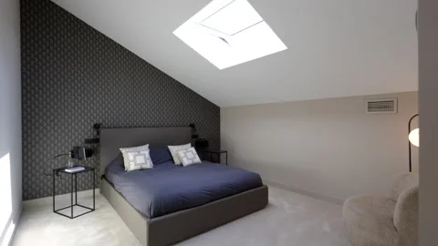 Dolly In View of Modern Attic Bedroom Modern Interior with Roof Window Location Stock Footage 344443241