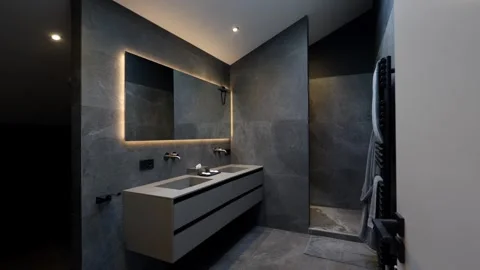 Dolly In View Modern Luxury Dark Slate Bathroom Interior Design in Mansion Hotel Stock Footage 344443834