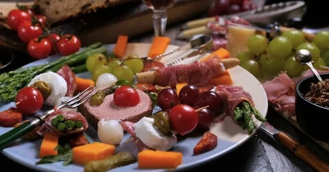 Dolly view of a platter of cured meat (charcuterie) Stock Footage 74066578