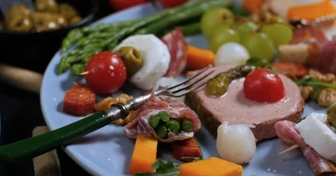 Dolly view of a platter of cured meat (charcuterie) Stock Footage 74567254
