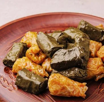 Dolma cabbage rolls grape leaves filling close up 写真素材