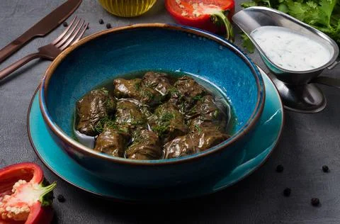 Dolma with meat in grape leaf and kefir-based sauce Stock Photos