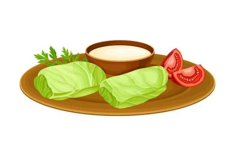 Dolma or Meat Stuffing Wrapped in Cabbage Leaves with Sauce as Egyptian Dish Illustrazione stock