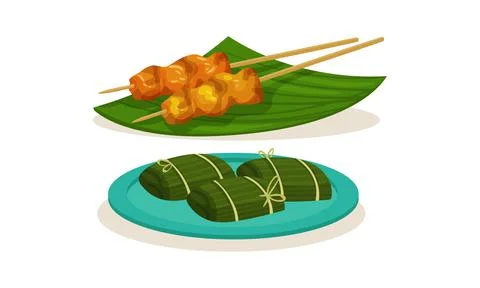 Dolma Wrapped in Green Leaf and Shashlik on Skewer as Malaysian Cuisine Dishes Stock Illustration