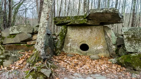 Dolmen Build of Massive Stone Plates in Caucasian Mountains Stock Footage 147379997