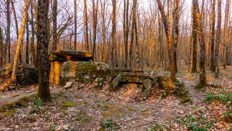 Dolmen Build of Massive Stone Plates in Caucasian Mountains Stock Footage 147380052