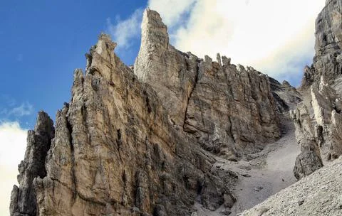 Dolomite peak called "Tofana di Rozes" seen from ferrata to "Tofana di Mezzo" Stock Photos