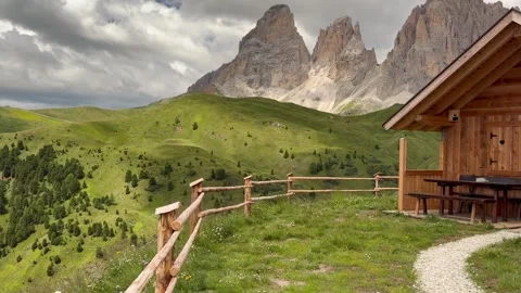 Dolomites Alpine Hut and Dramatic Mountain Peaks in Summer Italy Stock Footage 341157859