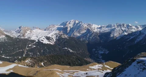 Dolomites high peak mountain range at alpine Italy. Aerial drone shot of Video stock 144451680