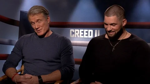 Dolph Lundgren and Florian Munteanu talking about the movie Creed 2 - 2018 Video stock 100168920
