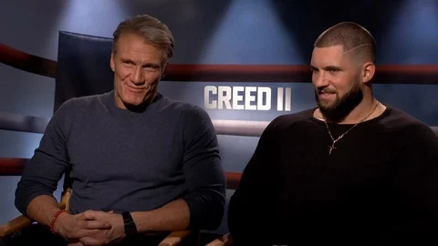 Dolph Lundgren and Florian Munteanu are interviewed for movie Creed 2 - 2018 Video stock 100168925