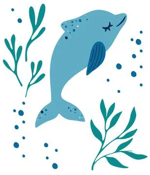 Dolphin and algae. Dolphin Floating Among Sea Weeds. Sea Animal and Wild Unde Ilustración de archivo