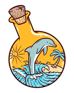 Dolphin and bottle vector illustration hand drawn Stock Illustration