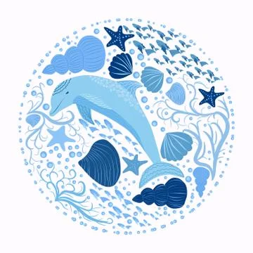 Dolphin and marine elements isolated on a white background Stock Illustration