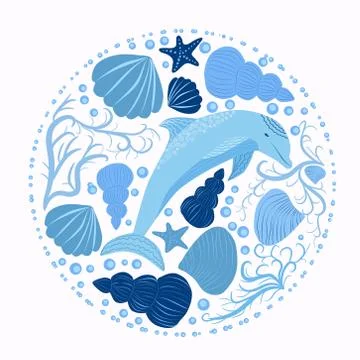 Dolphin and marine elements isolated on a white background Stock Illustration