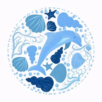 Dolphin and marine elements isolated on a white background Stock Illustration