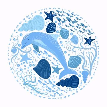 Dolphin and marine elements isolated on a white background Stock Illustration