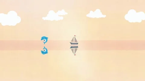 Dolphin and Sailboat Under White Clouds: A Cartoon Animation of Scenery and Pea Stock Footage 304943695