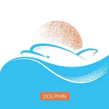 Dolphin and sun logo poster on blue sea wave background. Vector flat illustrat Stock Illustration