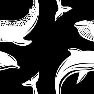 Dolphin and Whale. Vector illustration, flat style. Seamless pattern. Black a Stock Illustration