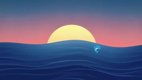 Dolphin Dive: Animated Ocean Scene with Sunset Stock Footage 305433804