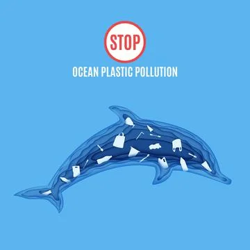 Dolphin inside plastic waste in paper cut style. Poster design template stop Stock Illustration