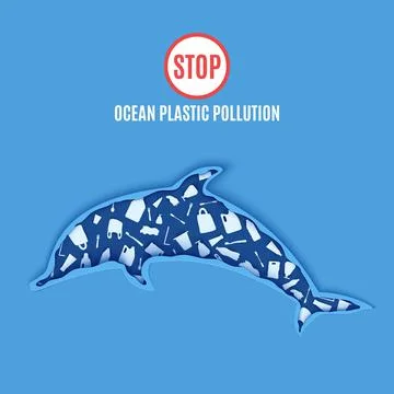 Dolphin inside plastic waste in paper cut style. Poster design template stop Stock Illustration