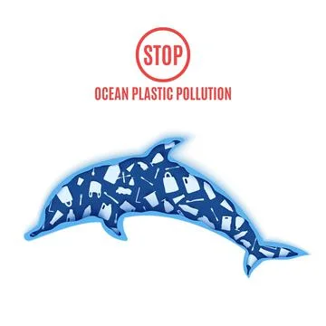 Dolphin inside plastic waste in paper cut style. Poster design template stop Stock Illustration