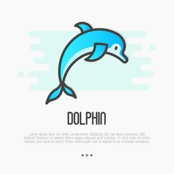 Dolphin jumping above waves in thin line style for spa, sport, travel logos. Stock Illustration
