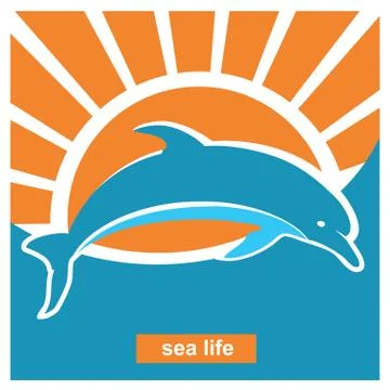 Dolphin jumping in sea. Vector poster illustration in flat style Stock Illustration