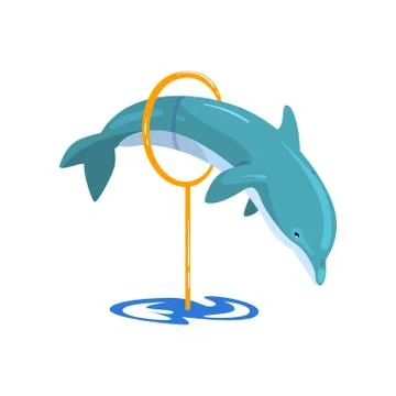 Dolphin jumping through a ring, sea animal performing in public in dolphinarium Stock Illustration