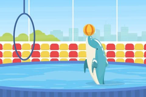 Dolphin Jumping Through Ring, Sea Animal Performing in Dolphinarium Vector Stock Illustration