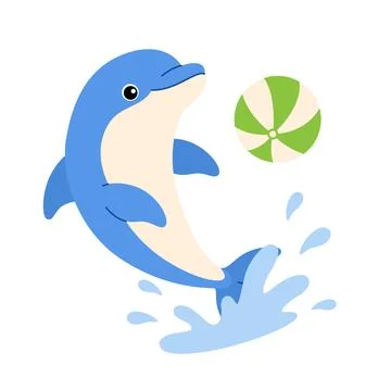 Dolphin jumping through water splash with a green beach ball. Marine animal Illustrazione stock