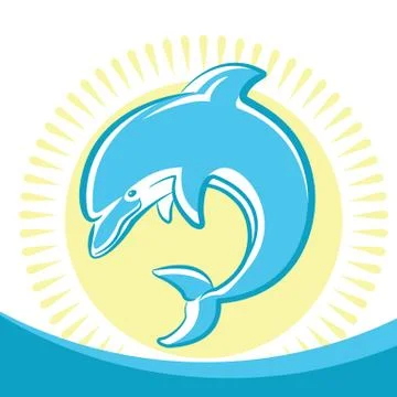 Dolphin jumping in water waves. Vector symbol of seascape with sun Stock Illustration