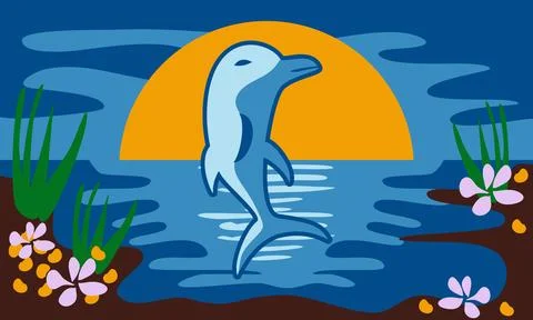 Dolphin Leaping Over Ocean Scenery Illustration, Jumping Dolphin with Waves.. Stock-Illustration