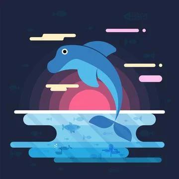 Dolphin leaping from water at sunset over a colorful ocean landscape with f.. Stock Illustration