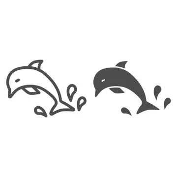 Dolphin line and solid icon, marine concept, Dolphin jumping with splashes of Illustrazione stock