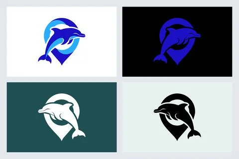 Dolphin Location Pin Logo Design Vector Set Stock Illustration