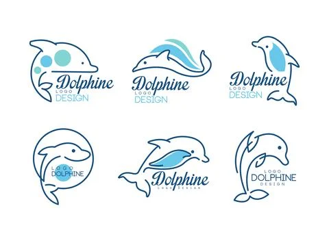Dolphin Logo Template with Nautical Design Elements in Blue Color Vector Set 스톡 일러스트