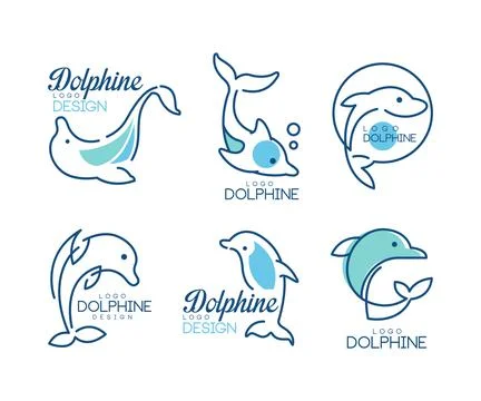 Dolphin Logo Template with Nautical Design Elements in Blue Color Vector Set イラスト素材