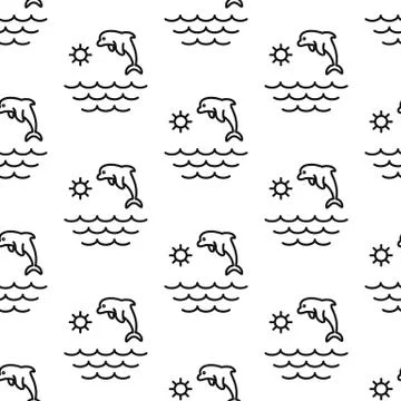 Dolphin, ocean, sea, sun. Pattern. Seamless vector illustration. Line. Flat. Stock Illustration