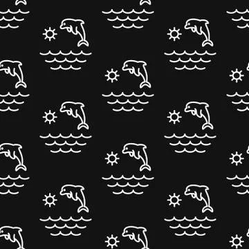 Dolphin, ocean, sea, sun. Pattern. Seamless vector illustration. Line. Flat. Stock Illustration