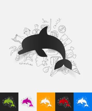 Dolphin paper sticker with hand drawn elements Illustrazione stock